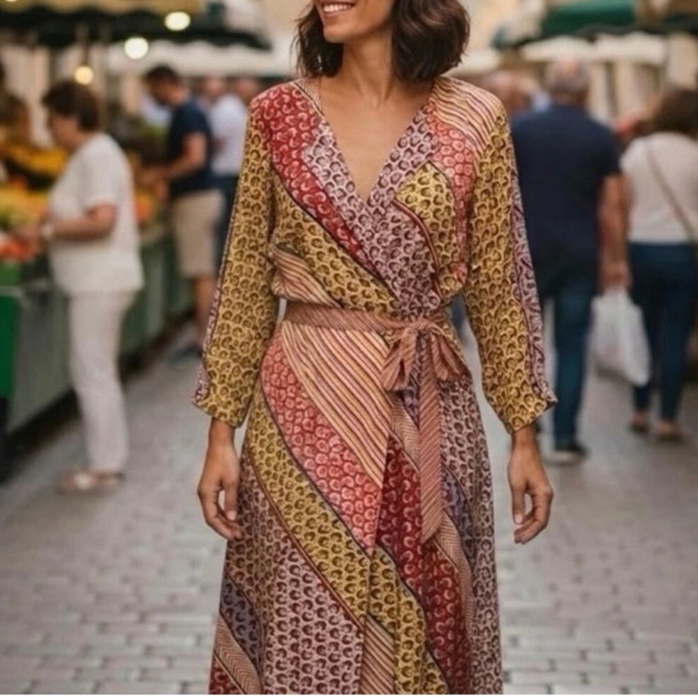 Cabi Boho Mixed Print Wrap Midi Dress Duster Cardigan Multi Color Large